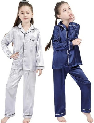 VCD FASHION TREND Kids Nightwear Baby Boys & Baby Girls Self Design Pure Satin(Multicolor Pack of 2)