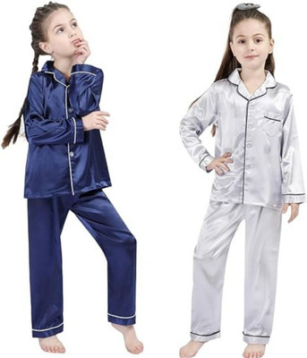 VCD FASHION TREND Kids Nightwear Baby Boys & Baby Girls Solid Pure Satin(Multicolor Pack of 2)