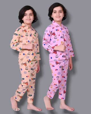 KAGA FANCY DRESSES Kids Nightwear Girls Printed Cotton Blend(Pink Pack of 2)