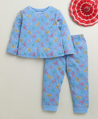 BUMZEE Kids Nightwear Girls Graphic Print Cotton(Blue Pack of 1)