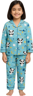 BURBN Kids Nightwear Girls Printed Cotton(Blue Pack of 1)