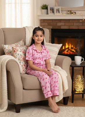 maaesa Kids Nightwear Girls Printed Cotton Blend(Pink Pack of 1)