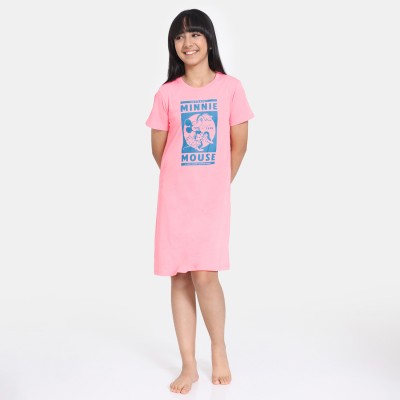 ZIVAME Kids Nightwear Girls Printed Cotton Blend(Pink Pack of 1)