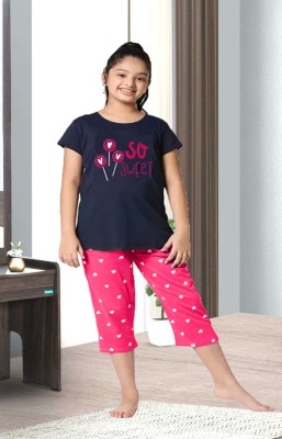 DRUZZEE Kids Nightwear Girls Printed Cotton Blend(Dark Blue Pack of 1)