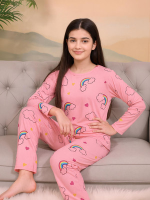devdatt Kids Nightwear Girls Printed Cotton(Pink Pack of 1)