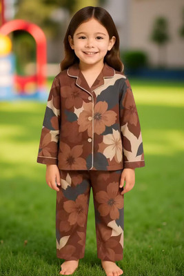 SHETAL Kids Nightwear Girls Printed Polyester Blend(Brown Pack of 1)