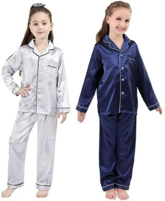VDC CREATION Kids Nightwear Baby Boys & Baby Girls Solid Pure Satin(Multicolor Pack of 2)