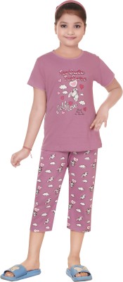 KJD Kids Nightwear Girls Printed Cotton Blend(Purple Pack of 1)