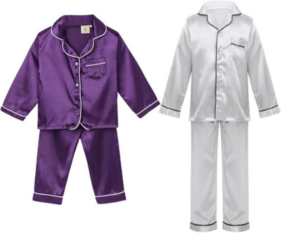 VCD FASHION TREND Kids Nightwear Baby Boys & Baby Girls Solid Pure Satin(Multicolor Pack of 2)