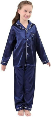 VC FASHION HUB Kids Nightwear Girls Solid Pure Satin(Blue Pack of 1)