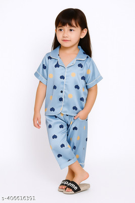 Aggarwalsales Kids Nightwear Baby Boys & Baby Girls Printed Pure Satin(Light Blue Pack of 1)