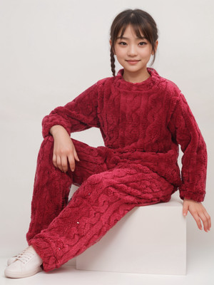 Lugo Kids Nightwear Boys & Girls Self Design Fleece Blend(Maroon Pack of 2)