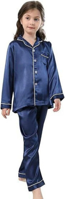 VC FASHION HUB Kids Nightwear Baby Boys & Baby Girls Self Design Pure Satin(Dark Blue Pack of 1)