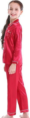 VCD FASHION HUB Kids Nightwear Boys & Girls Solid Pure Satin(Maroon Pack of 1)