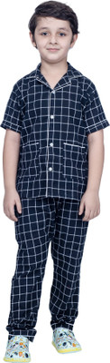 ShopperStyles Kids Nightwear Boys & Girls Checkered Cotton(Dark Blue Pack of 1)