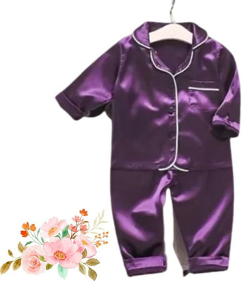 VC FASHION HUB Kids Nightwear Girls Self Design Pure Satin(Purple Pack of 1)