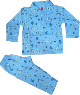 Jain Trader Kids Nightwear Boys & Girls Graphic Print Cotton Blend(Blue Pack of 1)