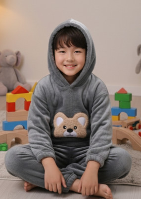 Keenuu Kids Nightwear Boys & Girls Printed Fleece Blend(Grey Pack of 1)