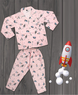 Minimates Kids Nightwear Baby Boys & Baby Girls Printed Cotton(Pink Pack of 1)
