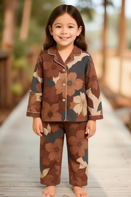 RKEVENT FASHION HUB Kids Nightwear Girls Printed Polyester Blend(Brown Pack of 1)