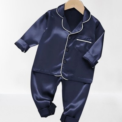 dhairyatraders Kids Nightwear Baby Boys & Baby Girls Solid Pure Satin(Dark Blue Pack of 1)
