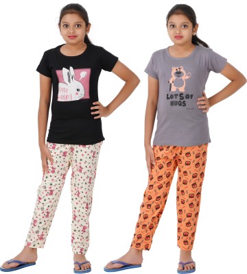 Ctg Kids Nightwear Girls Printed Cotton(Black Pack of 2)