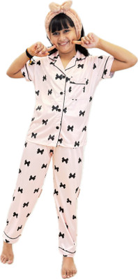 UzmaTraders Kids Nightwear Girls Printed Silk Blend(Pink Pack of 1)
