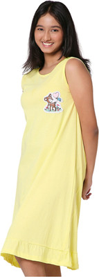 TotzTouch Kids Nightwear Girls Self Design Cotton(Yellow Pack of 1)
