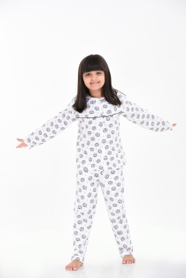 Mackly Kids Nightwear Girls Printed Cotton Blend(White Pack of 1)