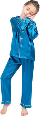 VCD FASHION HUB Kids Nightwear Boys & Girls Solid Pure Satin(Light Blue Pack of 1)
