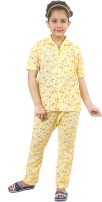 KJD Kids Nightwear Girls Printed Cotton Blend(Yellow Pack of 1)