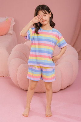 4JSTAR Kids Nightwear Girls Printed, Striped Polyester Blend(Multicolor Pack of 1)