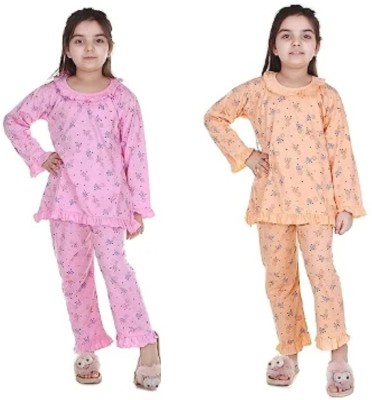 KUSHI LIFESTYLE Kids Nightwear Girls Printed Cotton Blend(Multicolor Pack of 2)