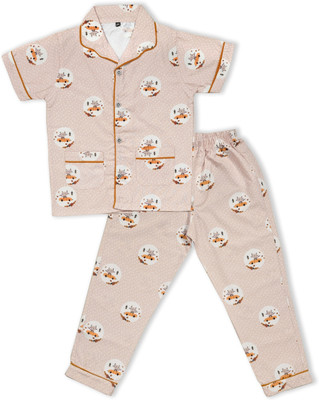 Minimates Kids Nightwear Baby Boys & Baby Girls Printed Cotton(Beige Pack of 1)