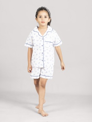 Zalio Kids Nightwear Girls Floral Print Cotton Blend(White Pack of 1)