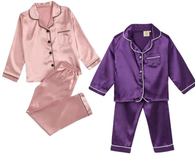 VC creation Kids Nightwear Baby Boys & Baby Girls Self Design Pure Satin(Multicolor Pack of 2)