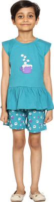 KiddoPanti Kids Nightwear Girls Printed Cotton Blend(Blue Pack of 1)