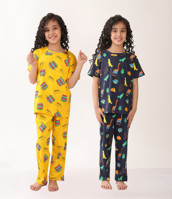 anthrilo Kids Nightwear Baby Girls Printed Cotton(Yellow Pack of 2)