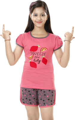 minipie Kids Nightwear Girls Printed Cotton(Pink Pack of 1)