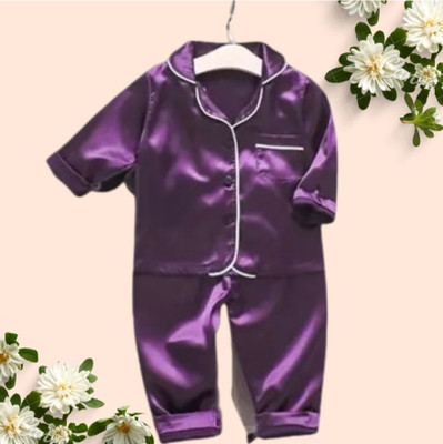 VC FASHION HUB Kids Nightwear Girls Solid Pure Satin(Purple Pack of 1)