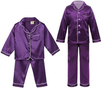 VC FASHION HUB Kids Nightwear Girls Solid Pure Satin(Purple Pack of 2)