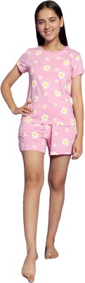 li'l tomatoes Kids Nightwear Girls Floral Print Cotton Blend(Pink Pack of 1)