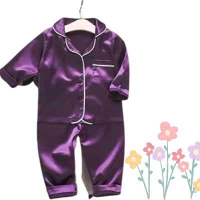 VC FASHION HUB Kids Nightwear Baby Boys & Baby Girls Self Design Pure Satin(Purple Pack of 1)