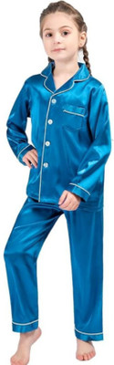 VC FASHION HUB Kids Nightwear Girls Solid Pure Satin(Light Blue Pack of 1)