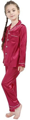 VCD FASHION TREND Kids Nightwear Boys & Girls Solid Pure Satin(Maroon Pack of 1)