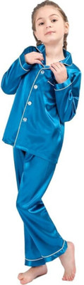 VC FASHION HUB Kids Nightwear Girls Solid Pure Satin(Light Blue Pack of 1)