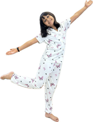 UzmaTraders Kids Nightwear Girls Printed Silk Blend(White Pack of 1)