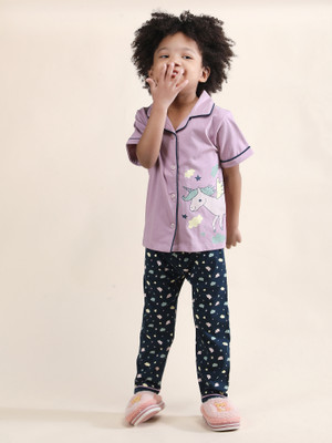 POLKA TOTS Kids Nightwear Baby Girls Printed Cotton(Purple Pack of 1)