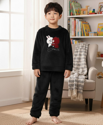 Keenuu Kids Nightwear Boys & Girls Solid Fleece Blend(Black Pack of 1)