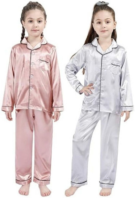 VDC CREATION Kids Nightwear Baby Girls Solid Pure Satin(Multicolor Pack of 2)